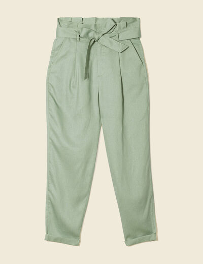 Pantalon carotte ceinturé vert olive femme