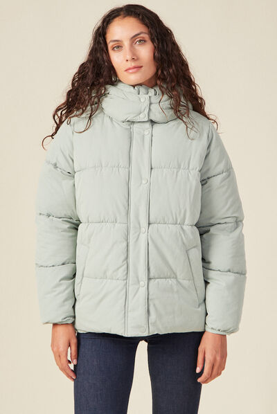 Doudoune droite à capuche vert olive femme