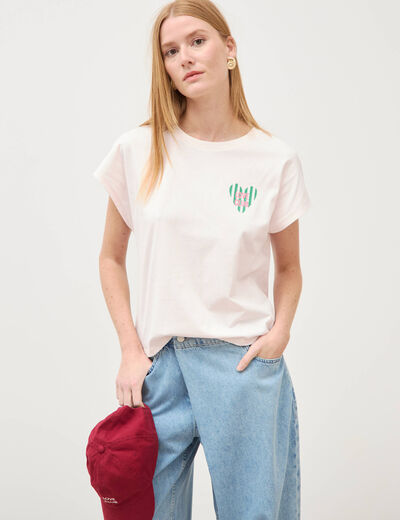 T-shirt droit col rond manches courtes rose poudr&eacute;e femme
