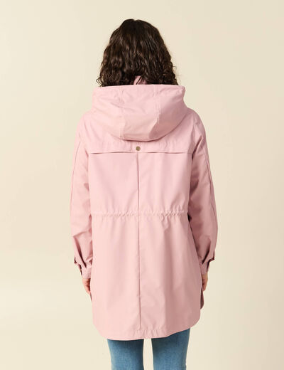 Parka longue droite d&eacute;perlante &agrave; capuche rose pastel femme