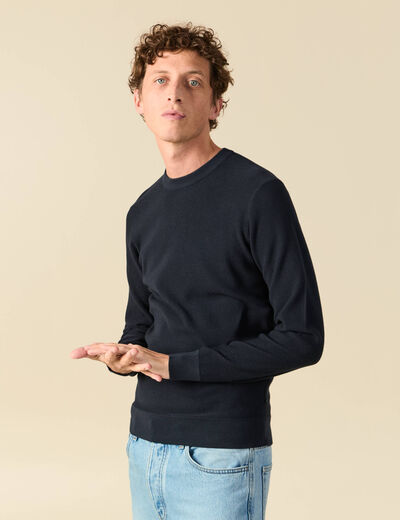 Pull fin col rond manches longues bleu marine homme