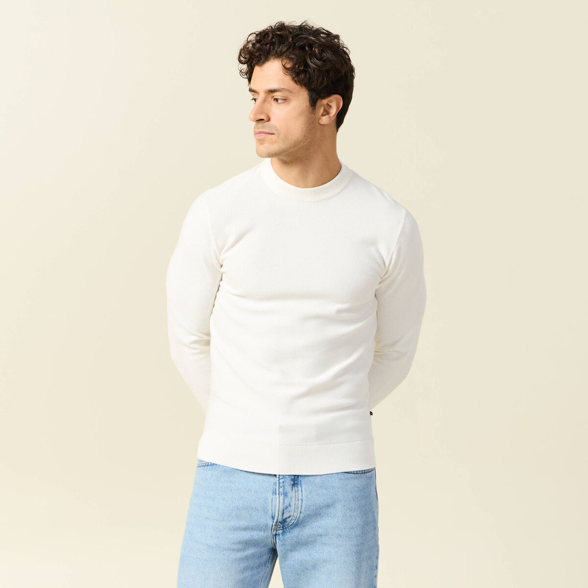 Pull col rond manches longues ecru homme