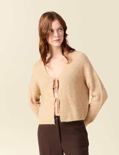 Gilet col V manches longues n&oelig;uds beige femme