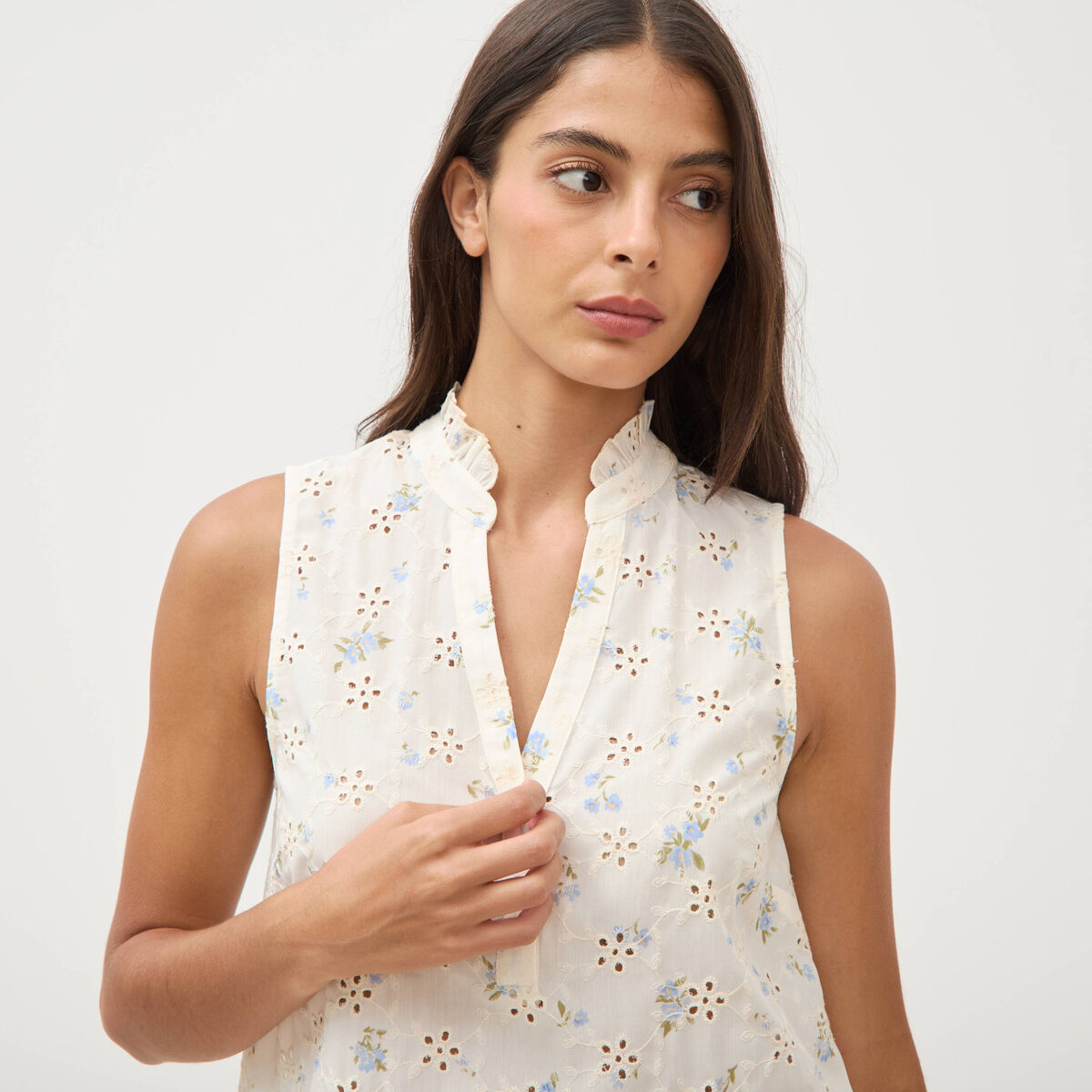 Blouse droite sans manches col montant bleu femme