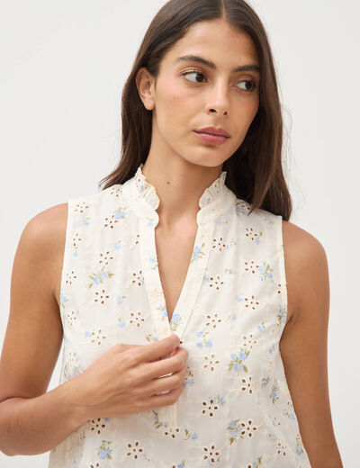 Blouse droite sans manches col montant bleu femme