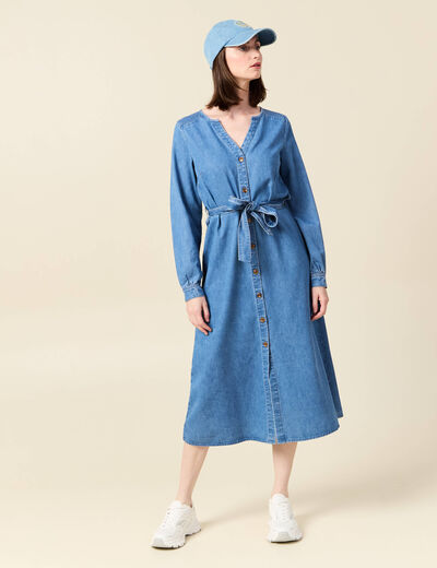 Robe longue évasée en jean denim used femme
