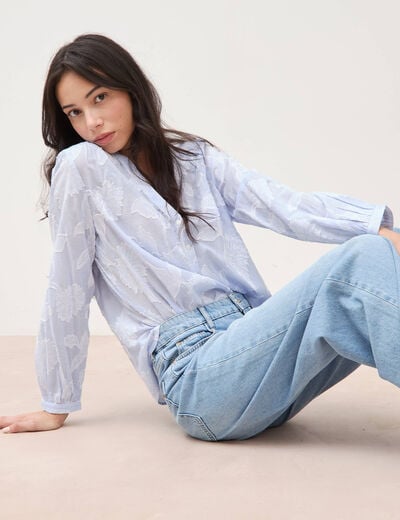 Chemise en coton col V manches longues bleu gris femme