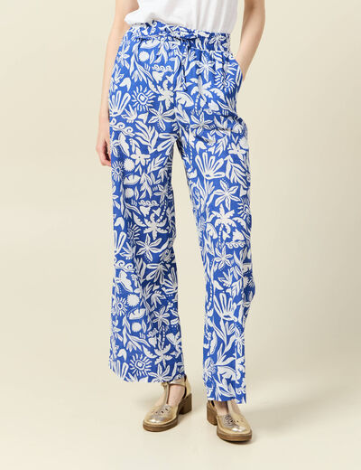 Pantalon large taille haute bleu femme