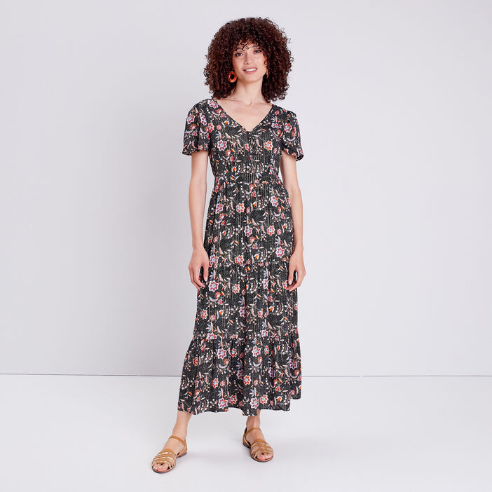 Robe longue droite à col en V noir femme
