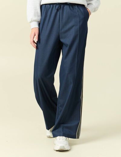 Pantalon large taille haute ray&eacute; bleu marine femme