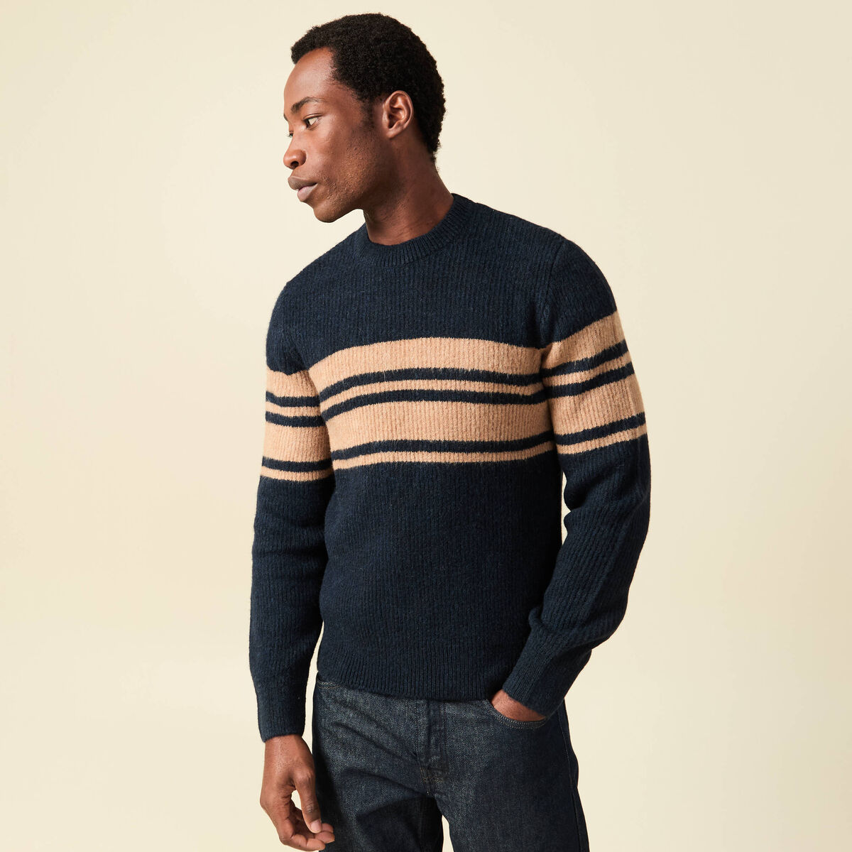 Pull manches longues col rond bleu marine homme