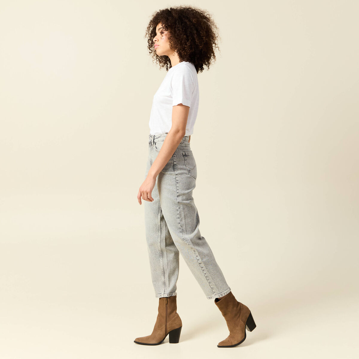 Jeans barrel slouchy taille haute 7/8ème denim gris clair femme