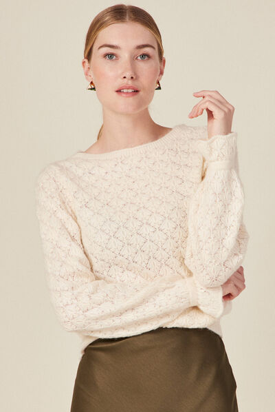 Pull manches longues ajouré ecru femme