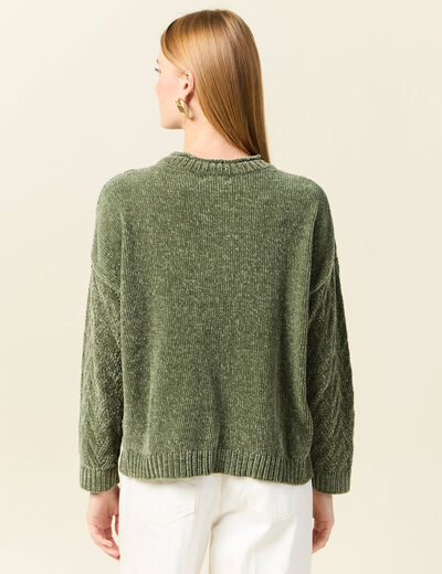 Pull manches longues ajouré vert kaki femme
