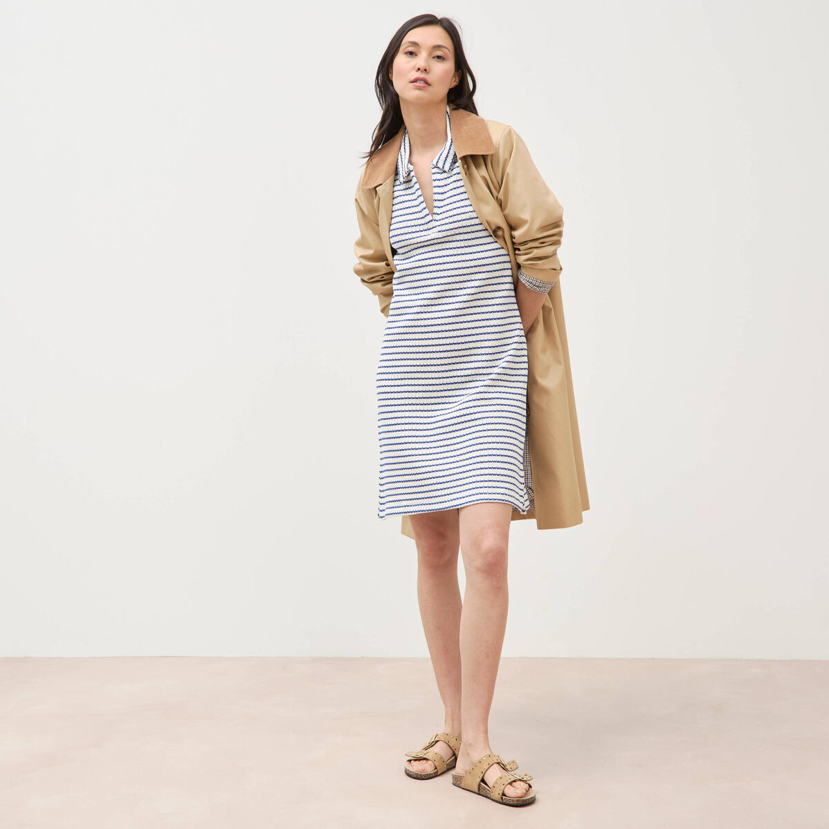 Robe manches courtes en maille ecru femme