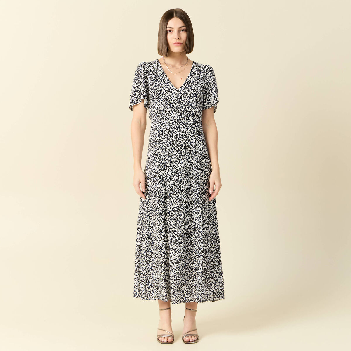 Robe longue droite col v manches courtes bleu femme