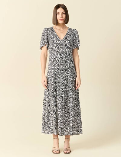 Robe longue droite col v manches courtes bleu femme