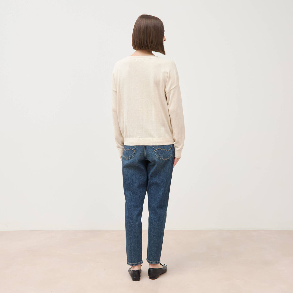 Pull oversize col rond manches longues creme femme