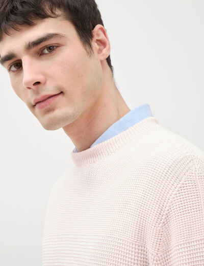 Pull col rond manches longues en coton rose poudr&eacute;e homme