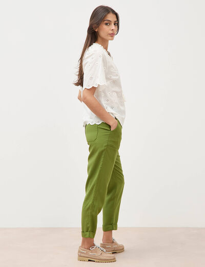 Blouse col v manches 3/4 en coton brod&eacute;e ecru femme