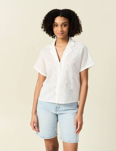 Chemise manches courtes brodée ecru femme
