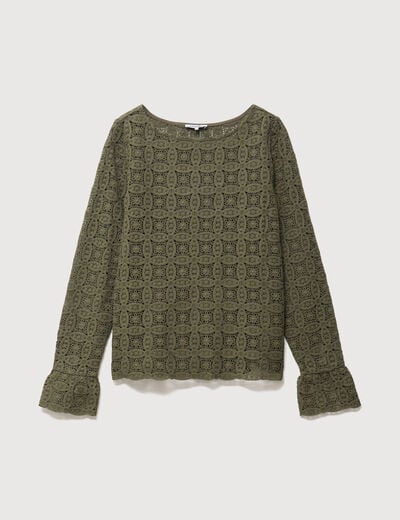 T-shirt manches longues en dentelle vert kaki femme