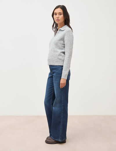 Pull droit col polo manches longues gris femme