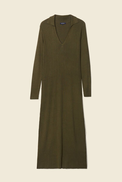Robe pull longue moulante vert kaki femme