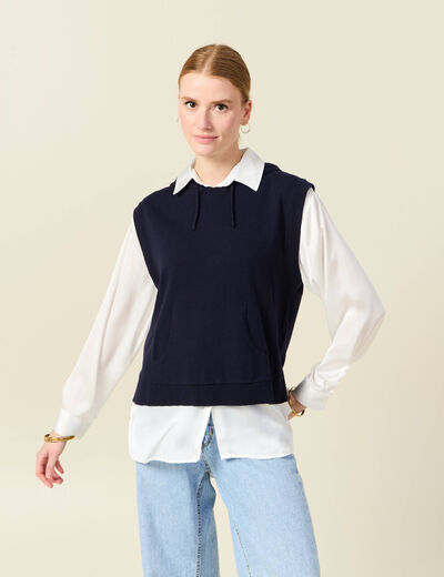 Pull sans manches capuche bleu marine femme