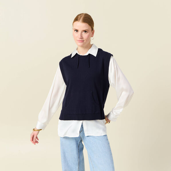 Pull sans manches capuche bleu marine femme