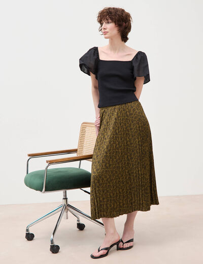 Jupe longue droite pliss&eacute;e vert kaki femme