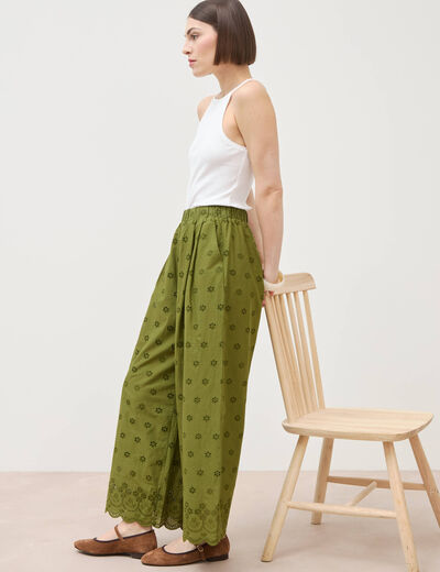 Pantalon droit 7/8&egrave;me brod&eacute; vert kaki femme