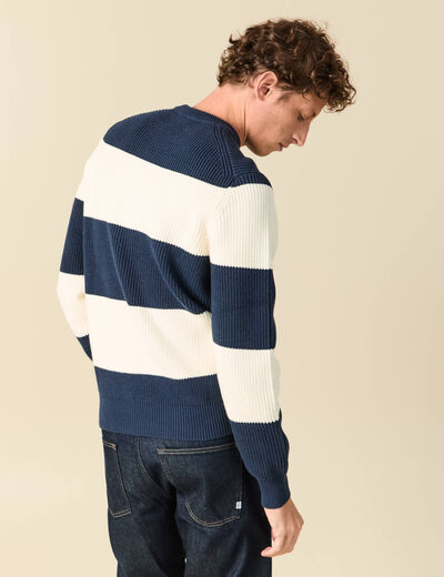 Pull fin ray&eacute; manches longues col rond bleu marine homme