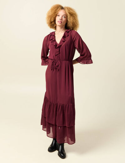 Robe manches 3/4 doubl&eacute;e bordeaux femme