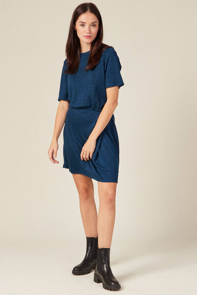 Robe moulante fils métallisés bleu canard femme