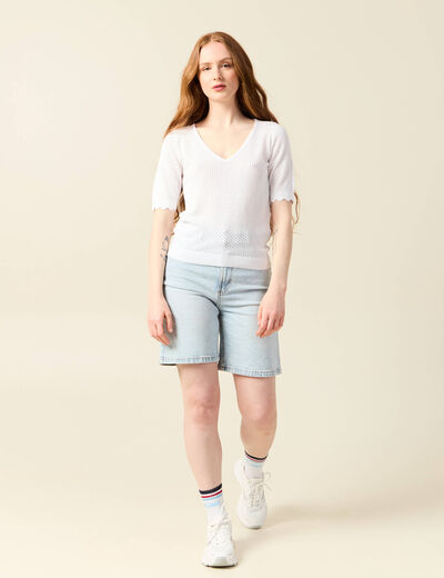 Pull manches courtes ajouré blanc femme
