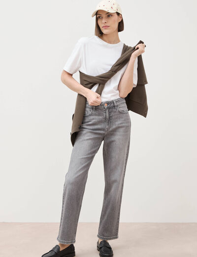 Jeans straight 7/8&egrave;me taille haute denim gris femme