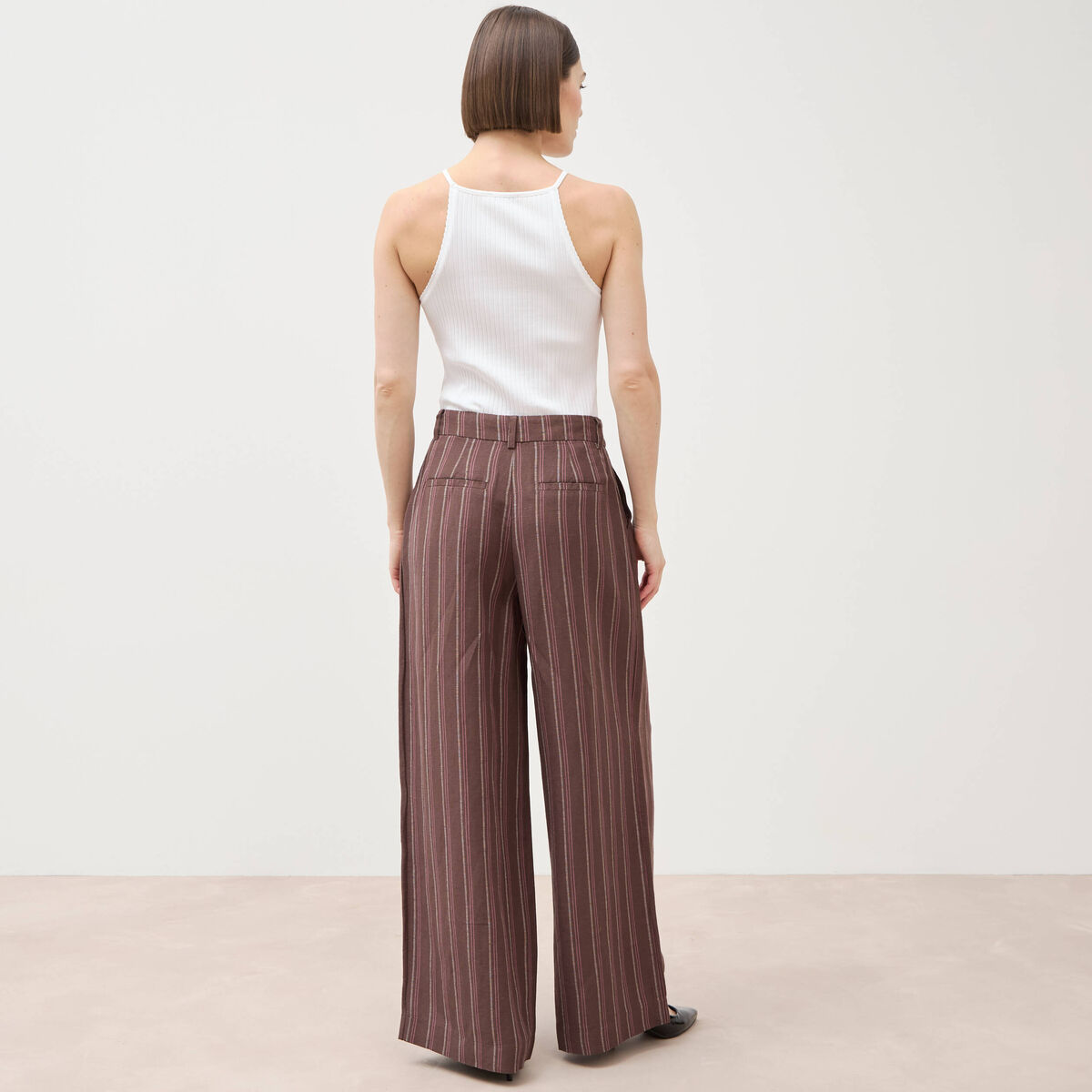 Pantalon large taille haute ray&eacute; marron chocolat femme