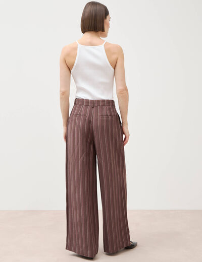 Pantalon large taille haute ray&eacute; marron chocolat femme