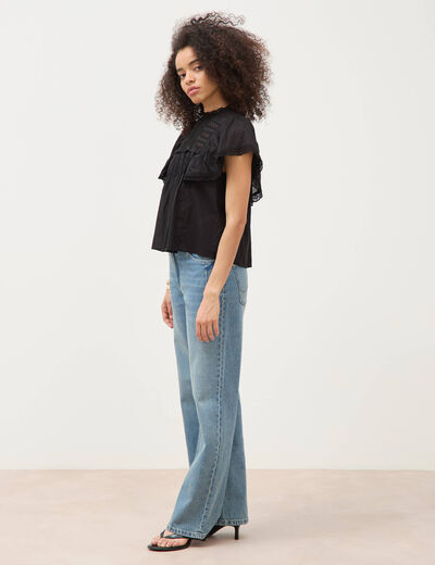 Blouse ample col montant manches courtes noir femme