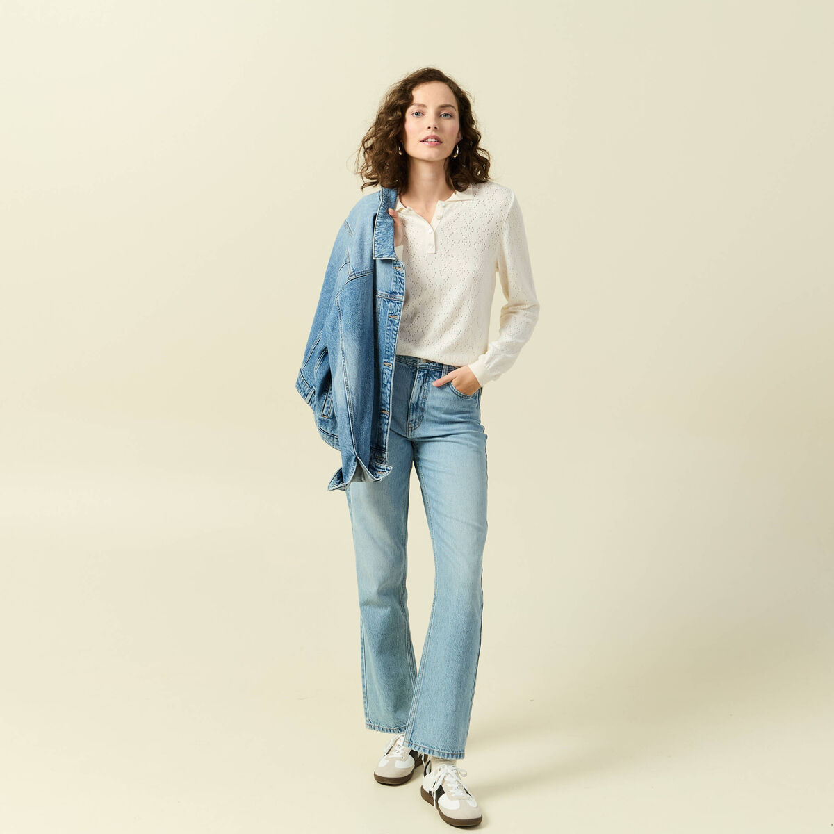 Pull ajouré manches longues en coton ecru femme