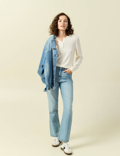 Pull ajour&eacute; manches longues en coton ecru femme