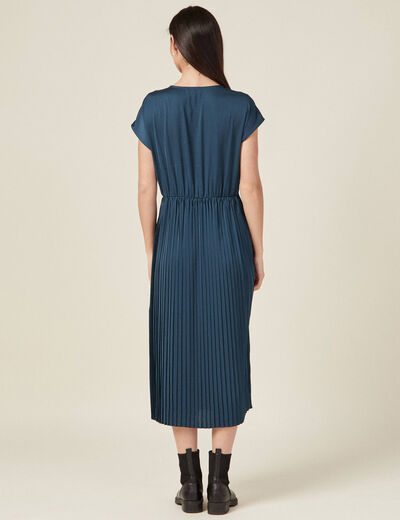 Robe midi évasée plissée satin bleu canard femme