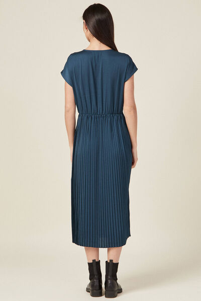 Robe midi évasée plissée satin bleu canard femme