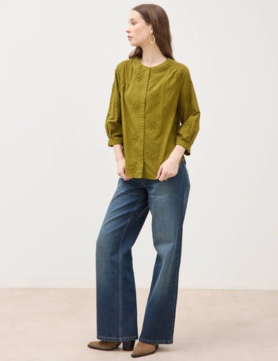Chemise en coton manches 3/4 vert kaki femme