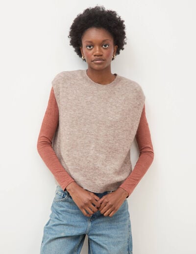 Pull droit court sans manches col rond marron clair femme