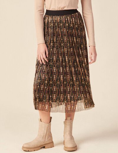 Jupe longue évasée plissée camel femme