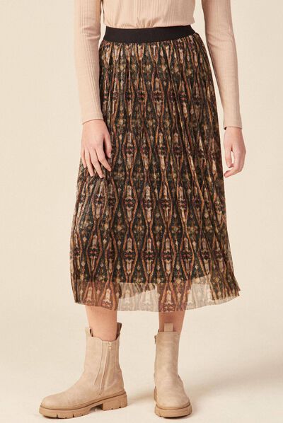 Jupe longue évasée plissée camel femme
