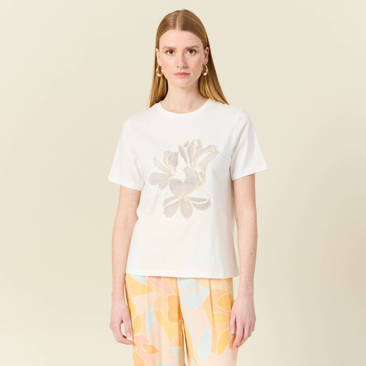 T-shirt manches courtes brodé creme femme