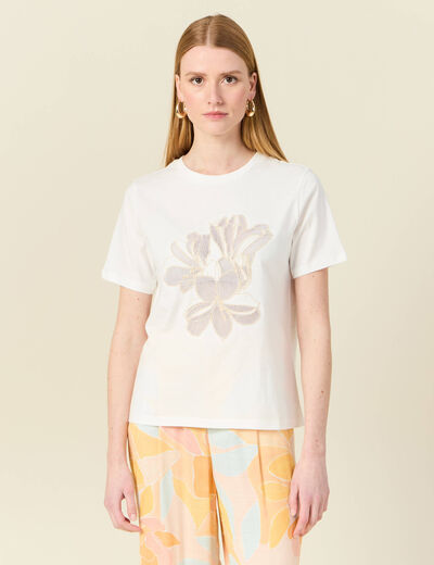 T-shirt manches courtes brodé creme femme